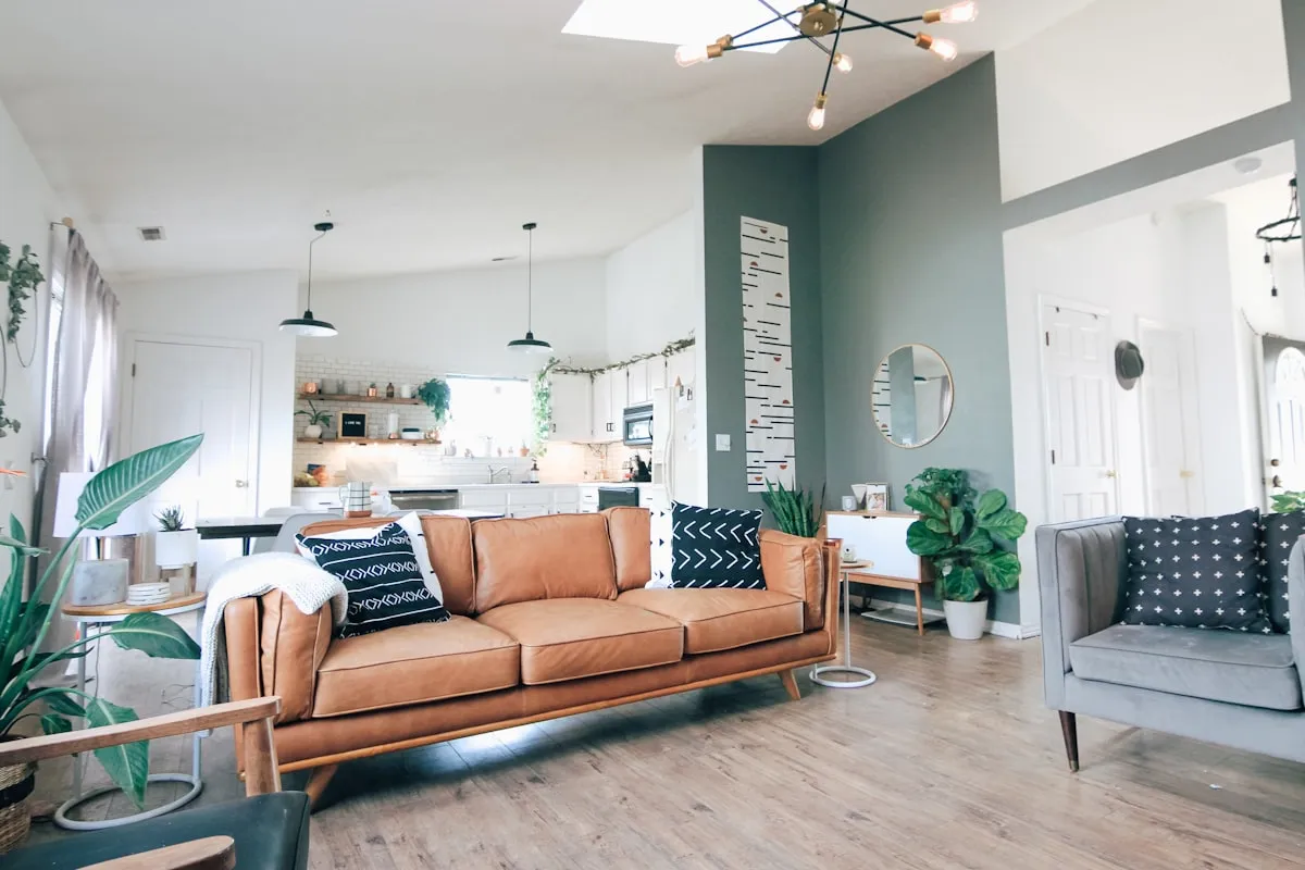 Bright, cozy living room with sage green wall and plants in a well-cared-for home